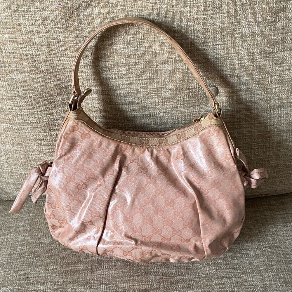 Gucci pink GG crystal coated canvas horsebit web hobo shoulder bag bow tie - Picture 2 of 16